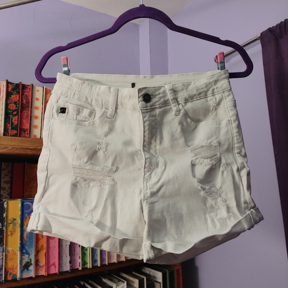 Kancan High Rise Distressed White Denim Cuffed Shorts - Size 9/28